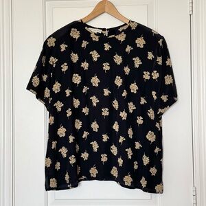 Vintage Evan Picone Black and Cream Floral 100% Silk 90s shortsleeved top, 22W